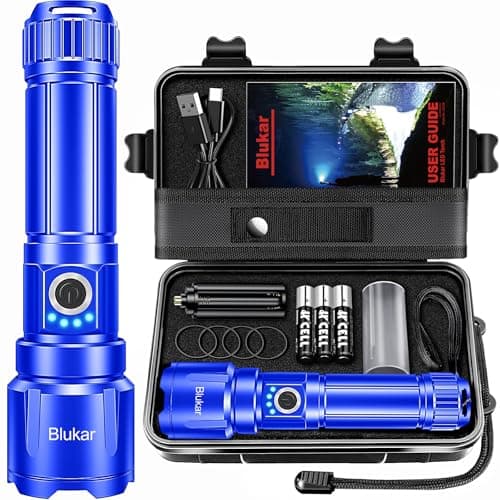 Blukar Rechargeable Flashlight High Lumens, Super Bright LED Powerful Tactical Torch - 5 Light Modes, Zoomable, Long Lasting, Waterproof Handheld Flash Light for Emergency, Camping, Hiking-Blue