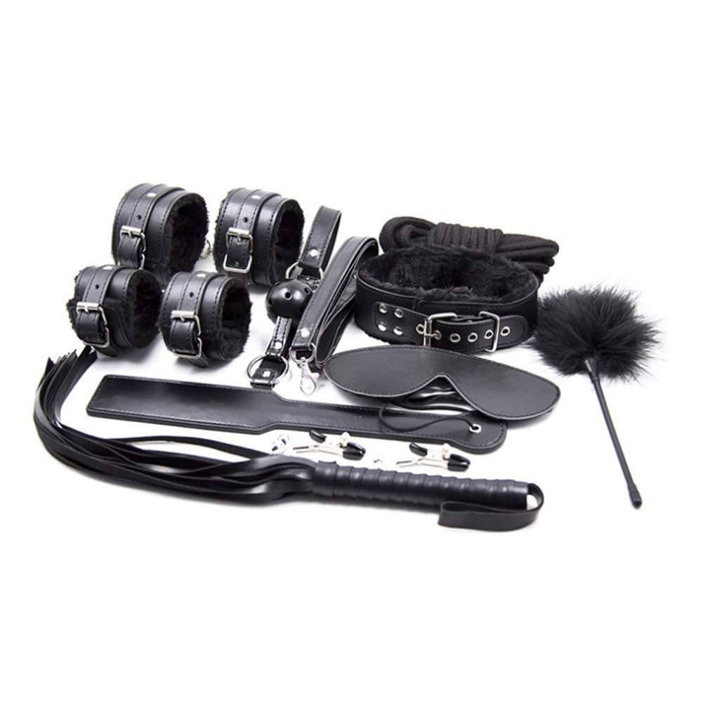 Bed Restraints Plush Black Suit with Satin Blindfold, Velvet Drawstring Bag and Feather Itch for Men and Women(Black Plush Set of Ten (10 Meters Rope))