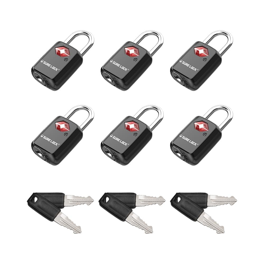 SURE LOCK TSA Approved Luggage Locks - One Key Opens All, Compact & Durable Zinc Alloy Travel Lock with Steel Shackle, Keyed Alike (Black 6 Locks, Mini Size for Suitcase/Backpack/Gym Locker)