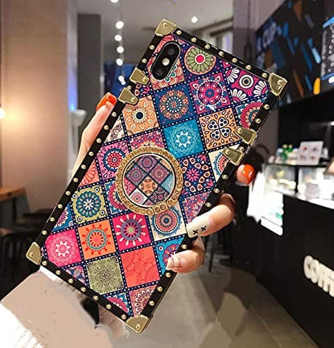 for Samsung Galaxy A20 / A30 Case,SelliPhone Luxury Square Box Design Cute Ethnic Totem Flower Soft Trunk Cover with 360 Degree Rotation Finger Bling Diamond Ring Grip Kickstand Phone Skin,A