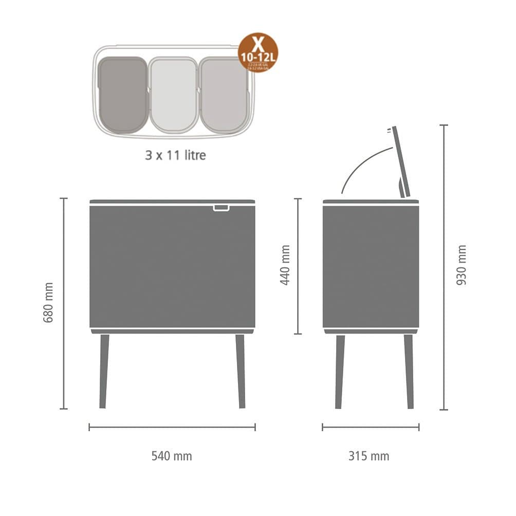 Brabantia Bo Touch Bin With Plastic Buckets, 3 X 11 L-White, Steel, 3 Inner