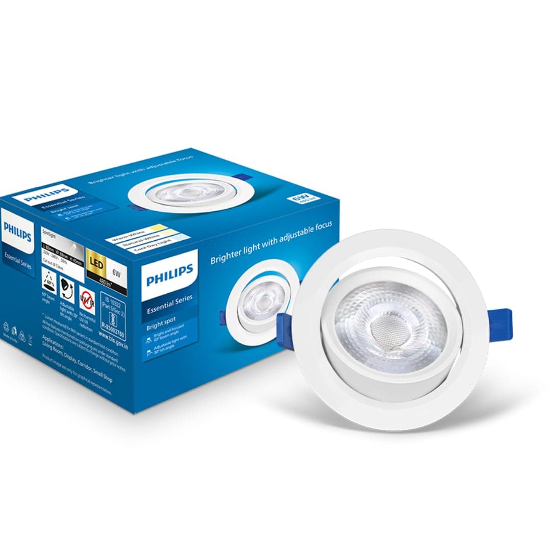Philips polycarbonate 6 Watt White LED Ceiling COB Round Spot Light with Adjustable Tilt|Cut out: 73mm|Warm White, Pack of 1 (Bright Spot)