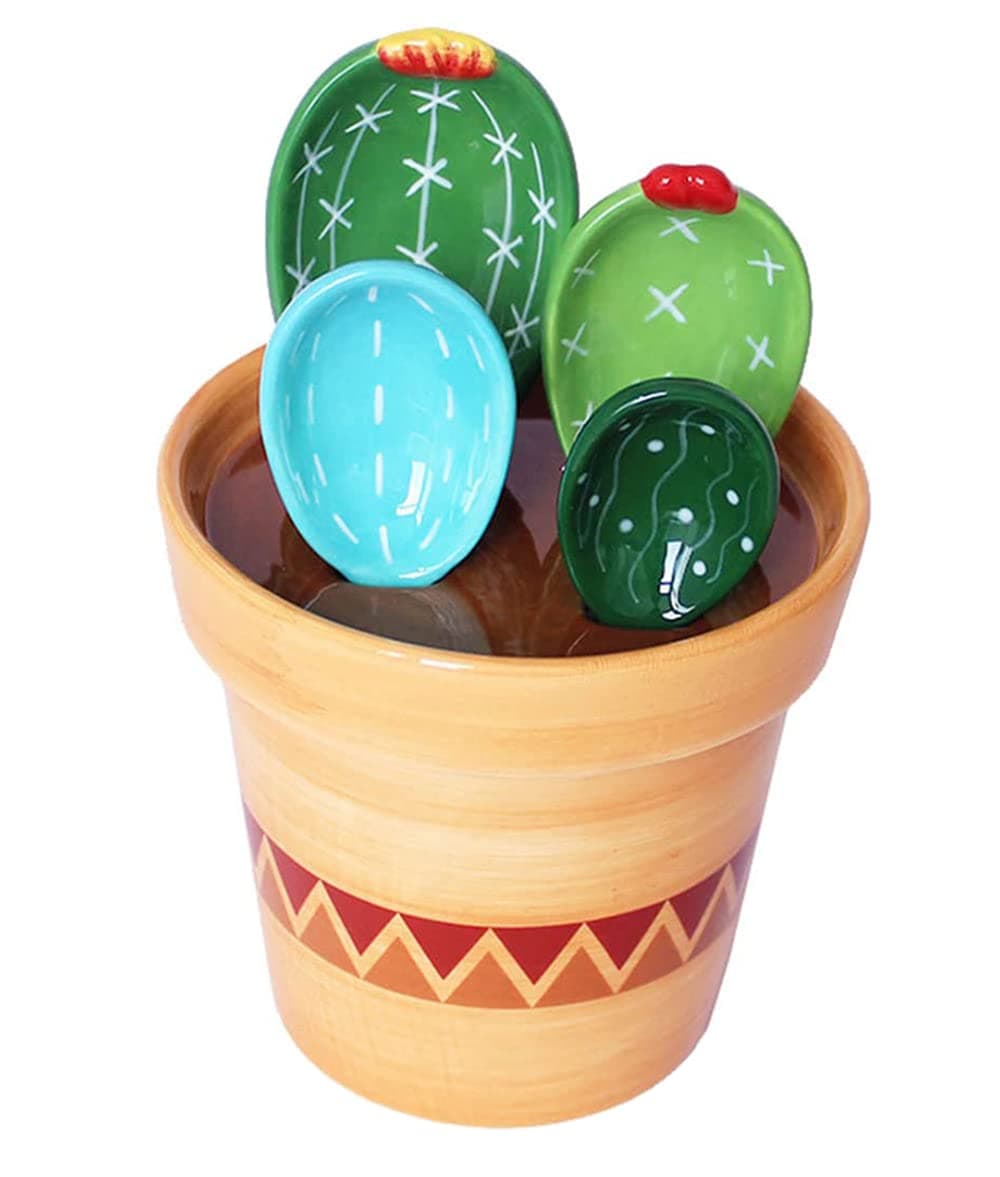 Ceramic Cactus Measuring Spoons and Cups, Cute Measuring Spoons Set in Pot, Cactus Shape Kitchen Decor Small Measuring Spoons (Colorful)