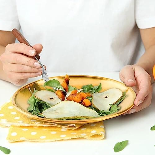 8-piece 7.8-inch appetizer plate with stand set Gold silver stainless steel round plates Suitable for cakes desserts, salads, dips, snacks, side dishes (Gold, 7.8inch)