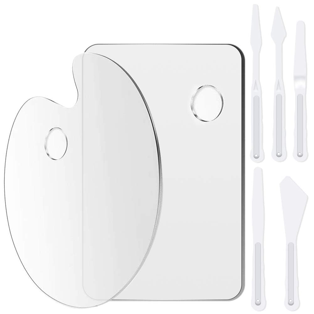 2PCS Acrylic Paint Palette with 5PCS Plastic Palette Tool Set Ellipse Clear Paint Palette Rectangle Non-Stick Art Palette with Thumb Hole Perfect for Oil Painting Beginner Students Artists