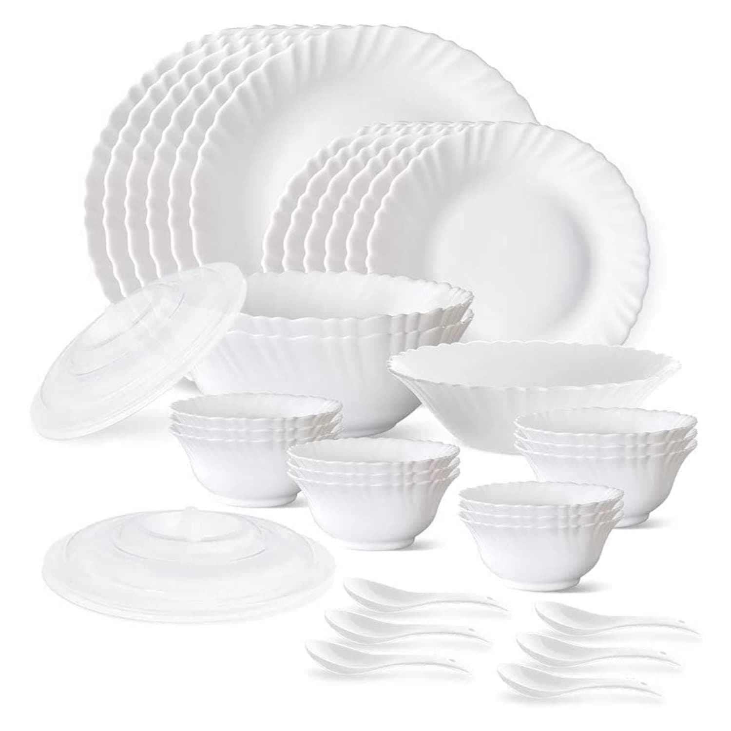 Plain White Silk Series Opalware Dinner Set | 35 Pieces for Family of 6 | Microwave & Dishwasher Safe | Bone-Ash Free | Crockery Set for Dining & Gifting | Plates & Bowls | White