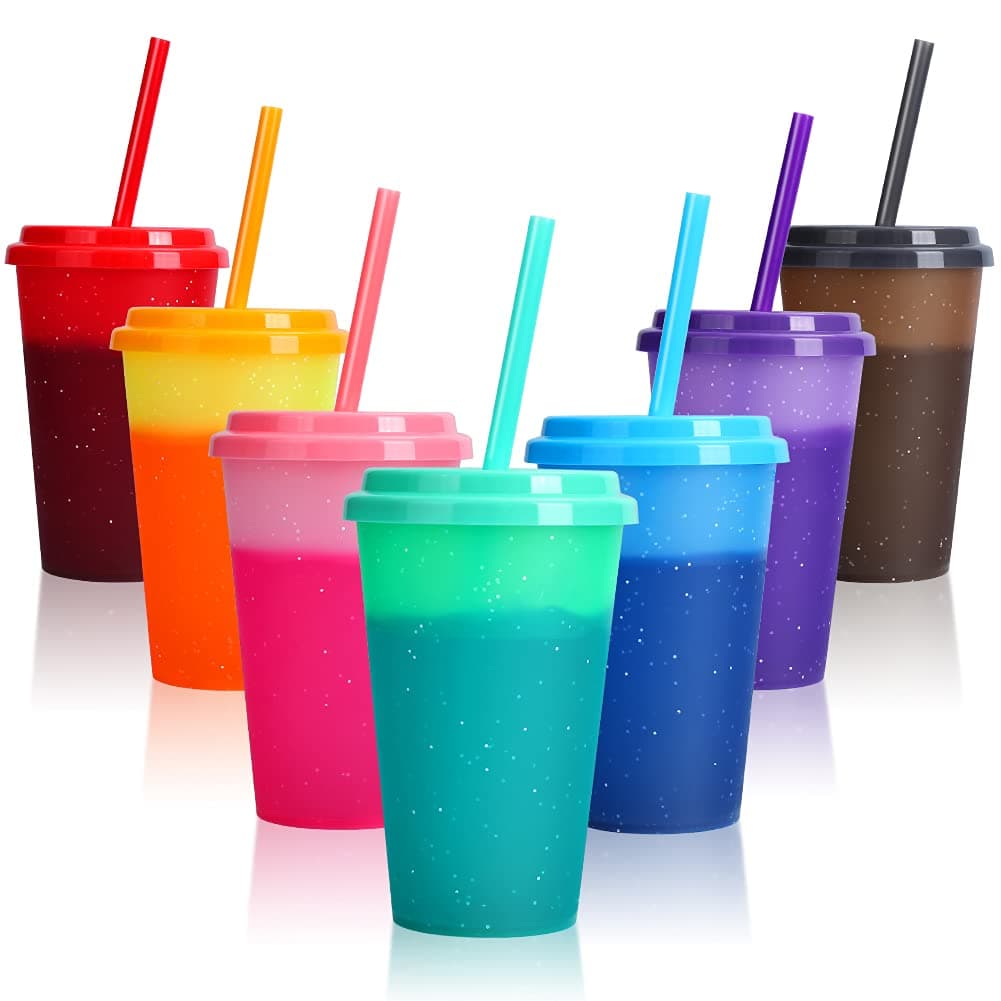 Color Changing Cups with Lids & Straws - 7 Pack 12 oz Reusable Cute Plastic Tumbler Bulk - Kids Small Funny Travel Straw Tumblers/Adults Iced Cold Drinking Party Cup
