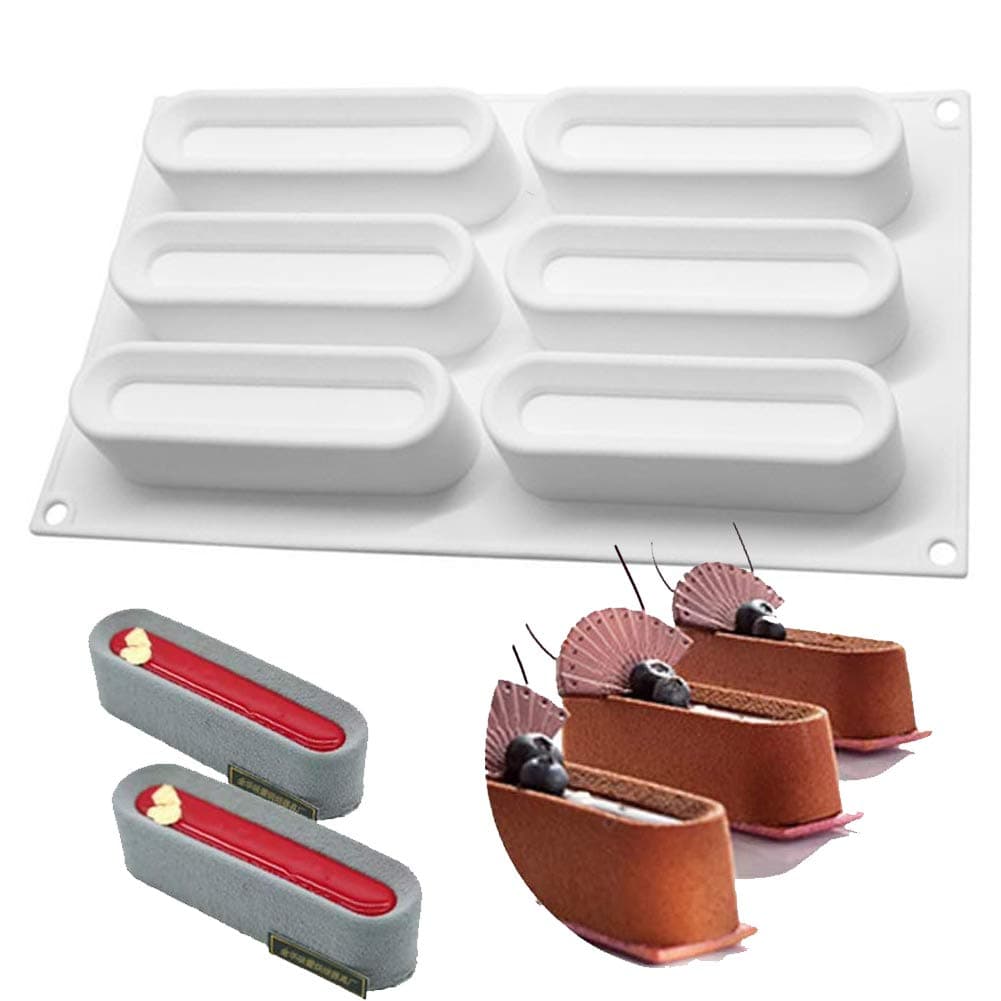 Eclair Silicone Baking Mold for Mousse Cake, 3D Silicone Mold for Baking Cakes, French Dessert Mold for Pastry Chocolate, Ice Cream, Cake Decoration Mold, 3D Oval Eclair Long Strip Shape, 6-Cavity