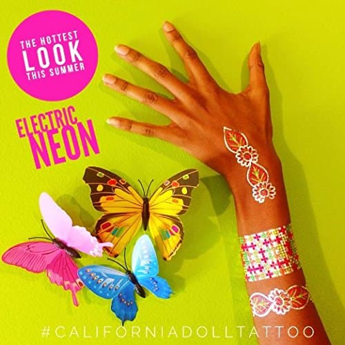 Electric Neon Premium Metallic Temporary Tattoos - Mega Pack 4 Sheets - Coachella Accessory - Glow in the dark tattoo - Festival flash tattoo Coachella - Aloha Sky