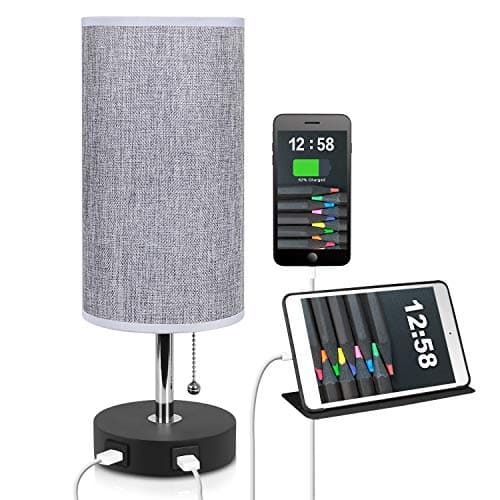 USB Bedside Lamp, Aooshine Round Modern USB Table Lamp, USB Nightstand Lamp with Grey Fabric Shade, Desk Lamp with 2 Useful USB Charging Port Perfect for Bedroom, Living Room or Office