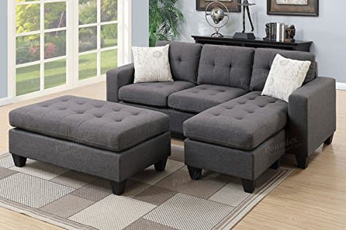 3Pcs Modern Blue Grey Linen-Like Fabric Reversible Sectional Sofa Chaise Ottoman Set with Accent Tufting and Pillows
