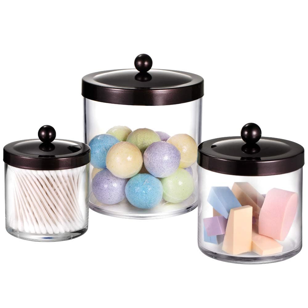 SheeChung Premium Quality Apothecary Jars - Clear Plastic Storage Jars with Rust Proof Stainless Steel Lids - Bathroom Vanity Countertop Organizer Canister Holder House Decor | Set of 3 (Bronze)