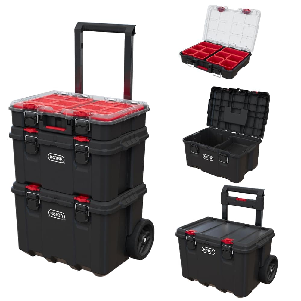 Keter Stack and Roll Mobile Tool Storage and Organization, 3-Piece Resin Modular Tool Box System