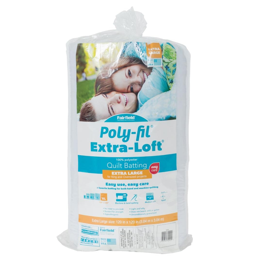 Fairfield Poly-Fil Extra-Loft Quilt Batting, Premium Polyester Batting for Quilting, Ideal for Lap Blankets and King-Sized Projects, Quilting Supplies, 120" X 120"