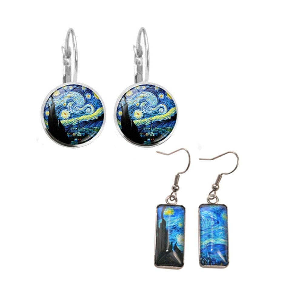 Wixine 2Pair Rectangle Van Gogh Starry Night Landscape Square Circle Van Gogh Starry Night Silver Trendy Glass Earrings