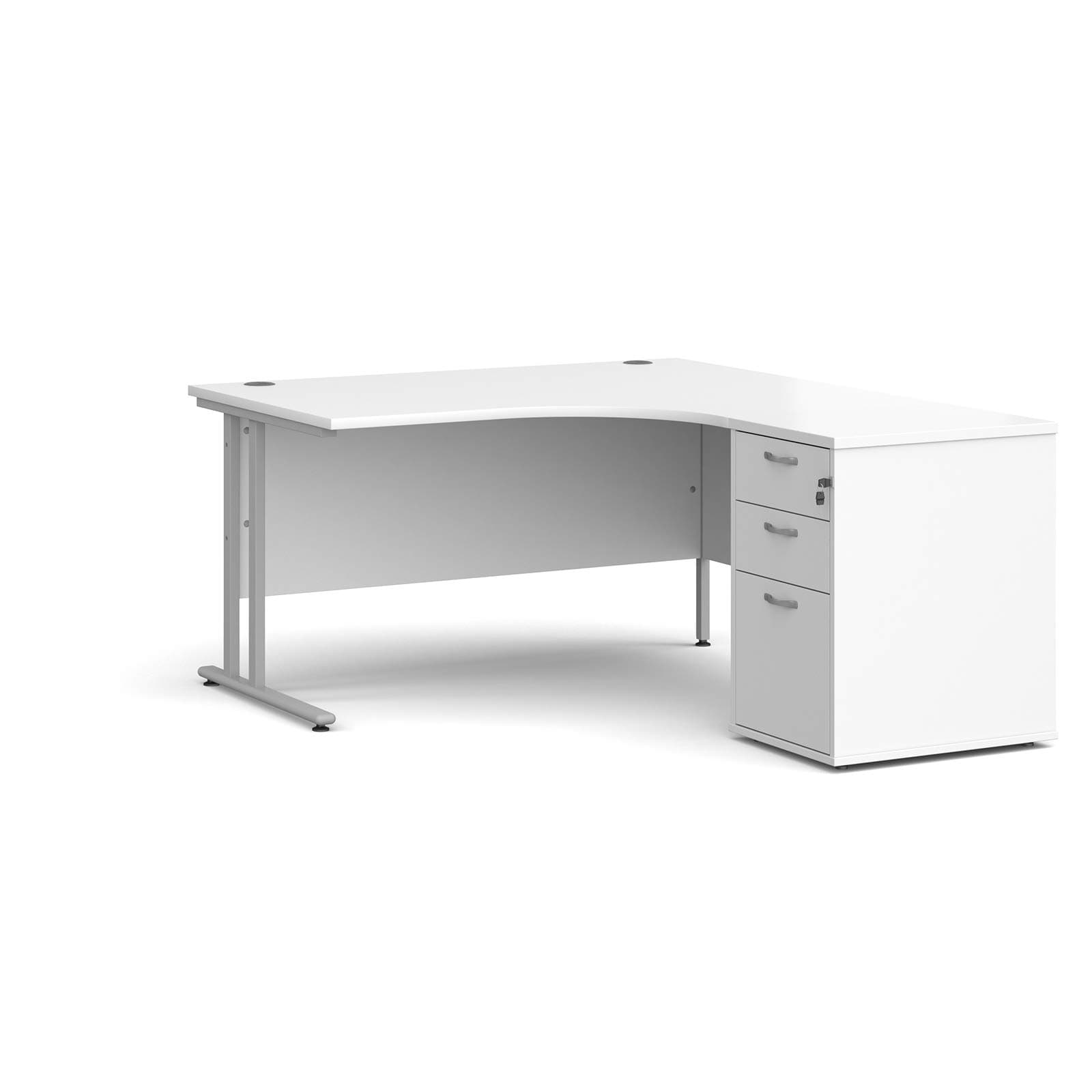 Compact White 1400 Ergonomic Right Hand Corner Desk with 3 Draw Desk High Pedestal