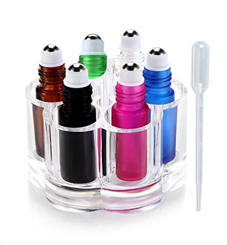 Simplee 6PCS Thick 5ml(1/6oz) Roll on Glass Bottle Blue Black Brown Pink Essential Oil Empty Aromatherapy Perfume Bottle Refillable Metal Roller Ball + Crystal Holder with Pipette Dropper