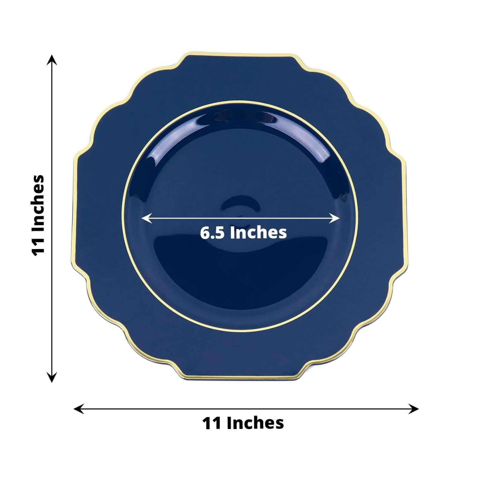 Efavormart 10 Pack | 11" Navy Blue Hard Plastic Dinner Plates, Disposable Tableware, Baroque Heavy Duty Plates With Gold Rim