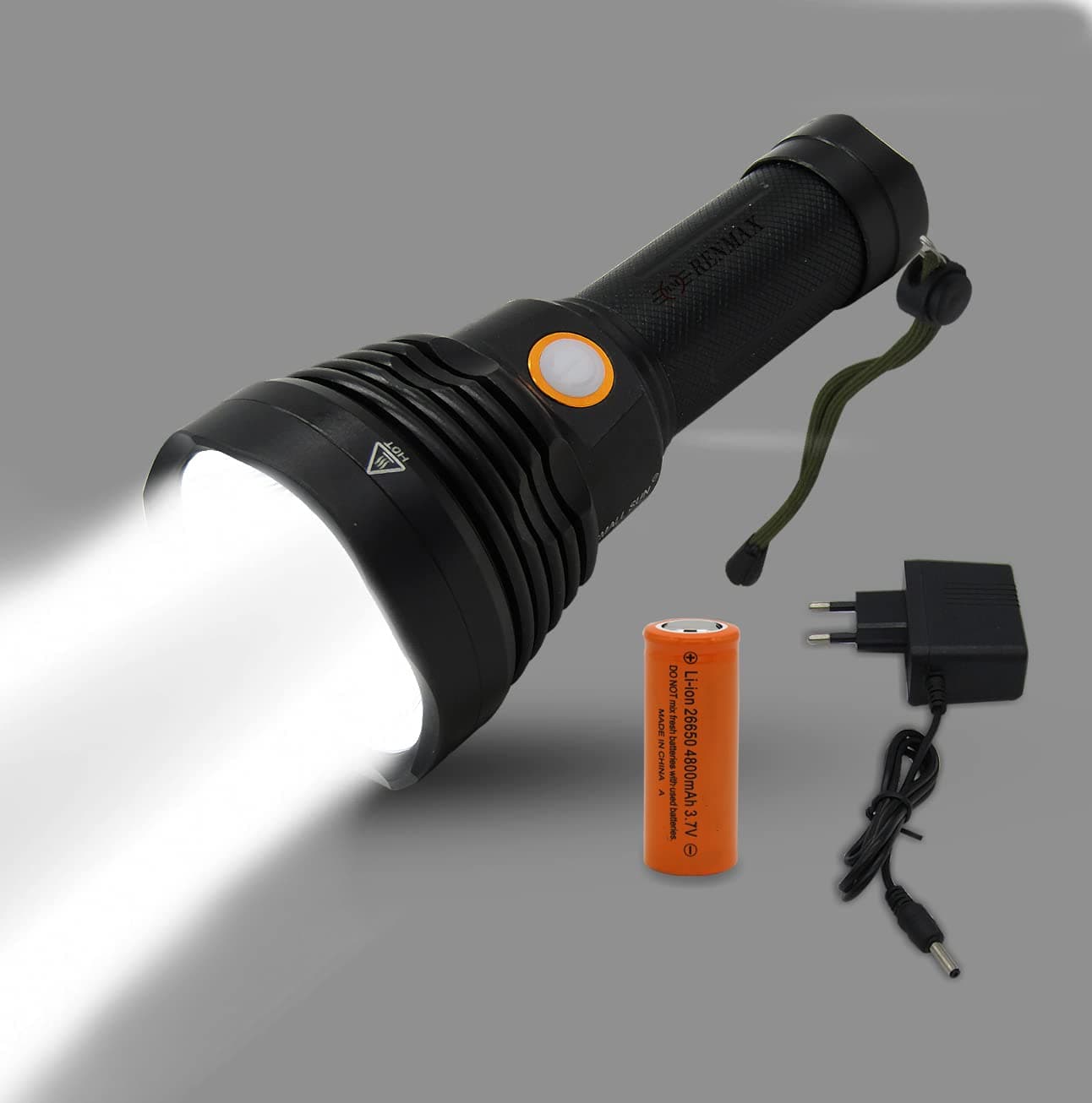 RENMAX Super Strong Bright Beam Led Laser Long Range Rechargeable 4800Mah Torch Flash Light Metal- 1Pc, 3000 Lumen