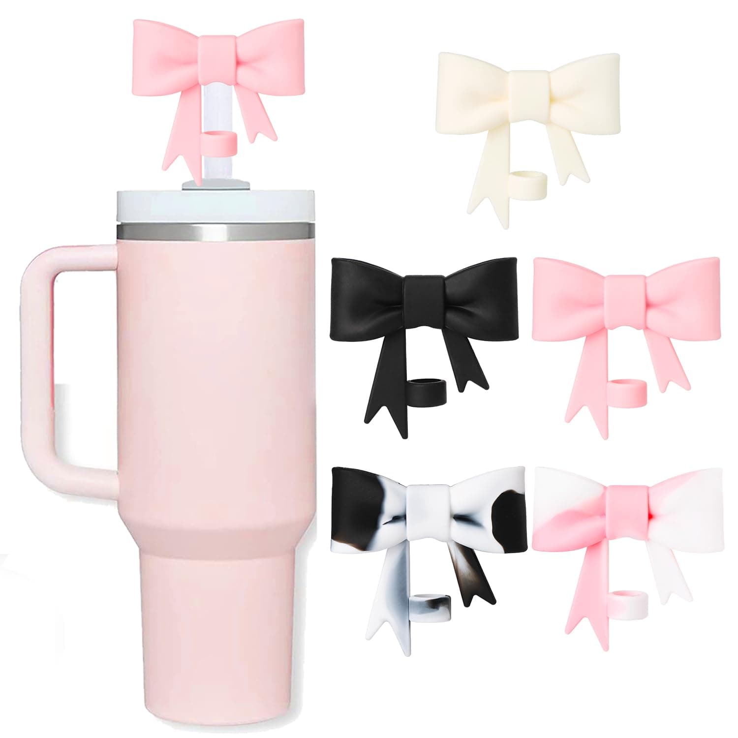 5Pcs Bow Straw Covers Cap Toppers Compatible with Stanley 30&40 oz Tumbler Cups, Cute Pink 10mm Reusable Silicone Straw Topper for Stanley Tumbler with Handle, Stanley Cup Straws Accessories