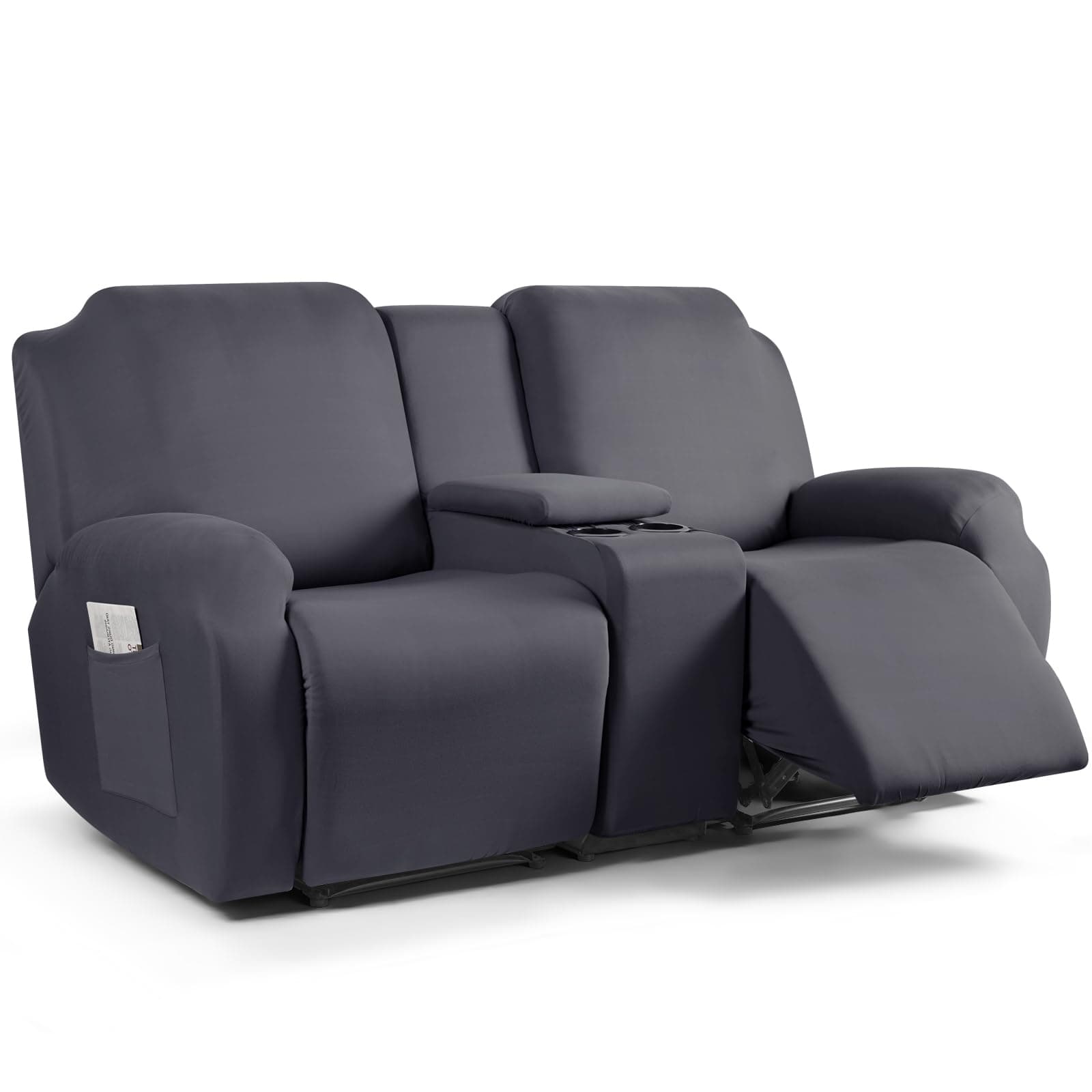 Reclining Loveseat with Middle Console Slipcover, 4 Piece Polyester Fabric Stretch Loveseat Reclining Sofa Covers (Dark Gray, 2 Seat Recliner Cover with Console)