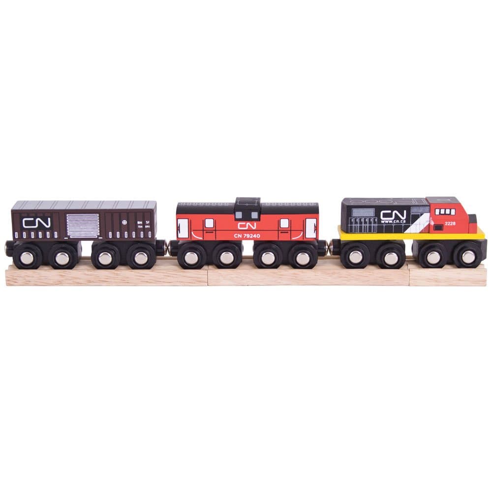Bigjigs Rail Wooden CN Train - 1 Engine, 2 Carriages & 2 Track Pieces, Kids Train Toy Accessories, Toddler Railway Sets, Trains with Magnetic Couplings, for 3+ Year Old