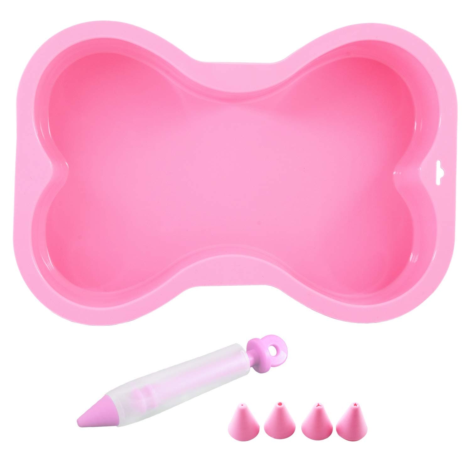 Dog Birthday Cake Mold Silicone Bone Shape Cake Pan with Decorating Pen (Pink, 10")