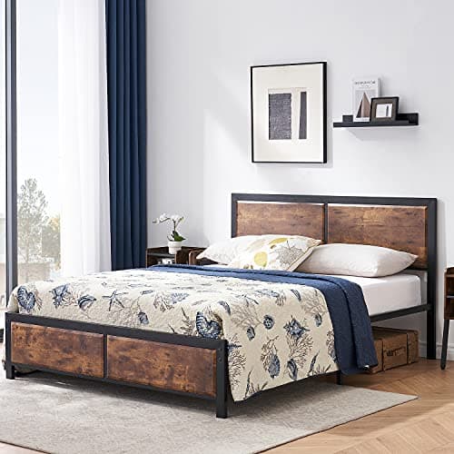 VECELO Queen Platform Bed Frame with Rustic Vintage Wood Headboard, Mattress Foundation, Strong Metal Slats Support, No Box Spring Needed ,Brown