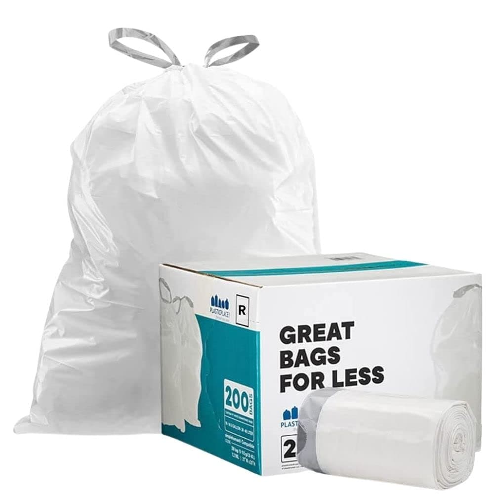 Custom Fit Trash Bags, Compatible with simplehuman Code R (200 Count) White Drawstring Garbage Liners 2.6 Gallon/ 10 Liter 16.5" x 18"