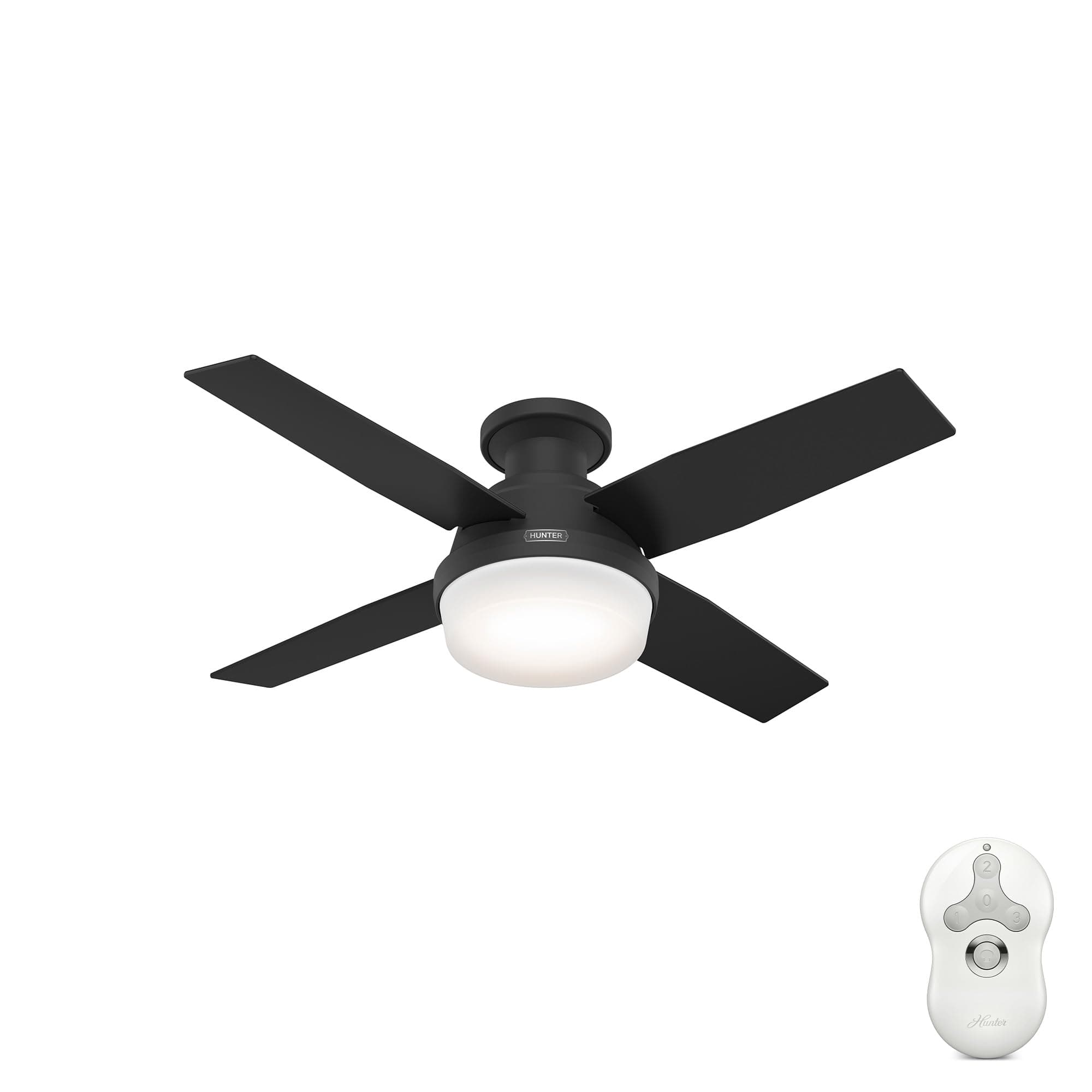 44 inch Indoor Ceiling Fan with LED Light and Remote Control - Black Modern Ceiling Fan, Low Profile Mount, 4 Blades, For Bedroom, Living Room, or Kitchen, Quiet - Dempsey 52390, Matte Black