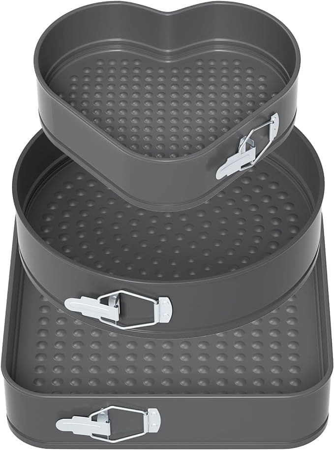 Teflon Coated Spring Form Cake Mould Pan Set,Heart Round and Square Shape Cake Maker Tin Non-Stick Cake Baking Tray, Removable Cake Base Mould - 3Pc Set (24-26-28Cm)