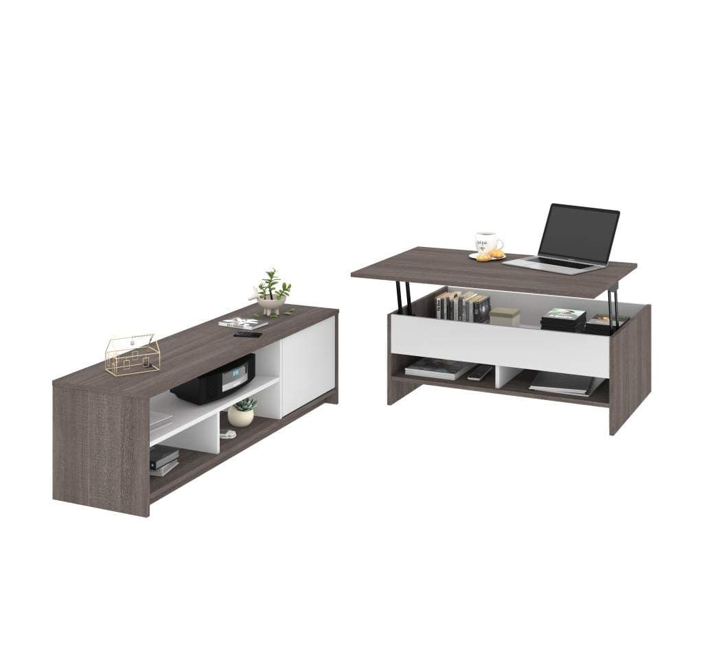 Bestar Small Space 2-Piece Set Including a Lift-top Coffee Table and a TV Stand in bark Grey & White