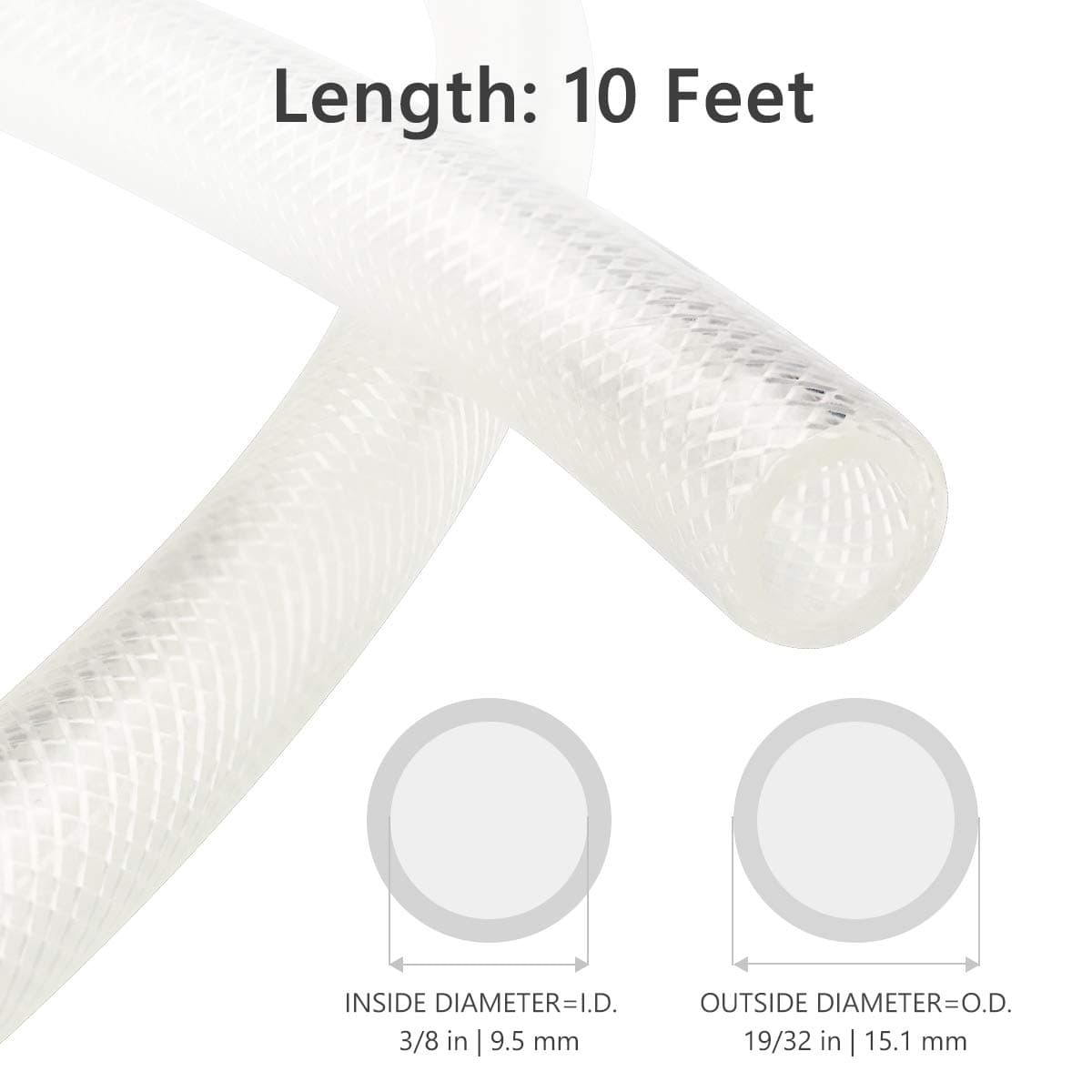3/8" ID x 10 Ft High Pressure Braided Clear Flexible PVC Vinyl Tubing Heavy Duty Reinforced Vinyl Hose Tubing, BPA Free and Non Toxic