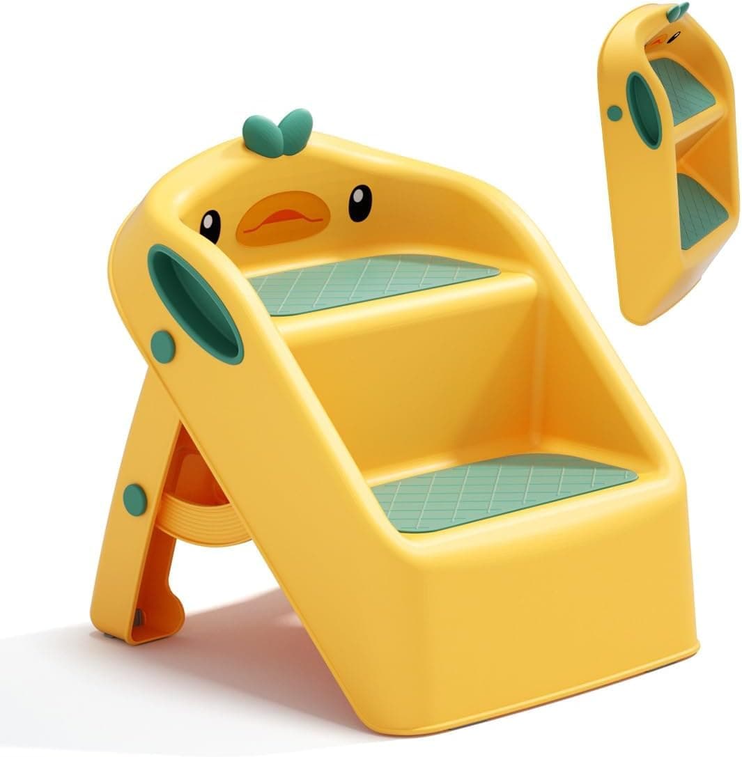 U-HOOME Foldable Toddler Step Stool for Kids Kitchen Bathroom Sink,Toilet Steps Potty Training Stool,Dual Height 11" Kitchen Helper Plastic Poop Stools Ladder with Handles Nursery Foot Stools (Yellow)