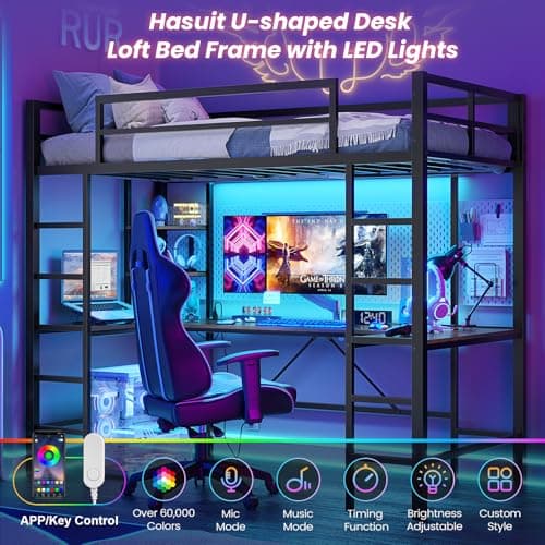 Hasuit Twin Size Loft Bed with U-Shaped Desk, Charging Station &LED Lights, Metal LED Twin Loft Bed with Open Storage Shelves, Safety Guardrail & Double Ladder,No Box Spring Needed, Black Loft Bed