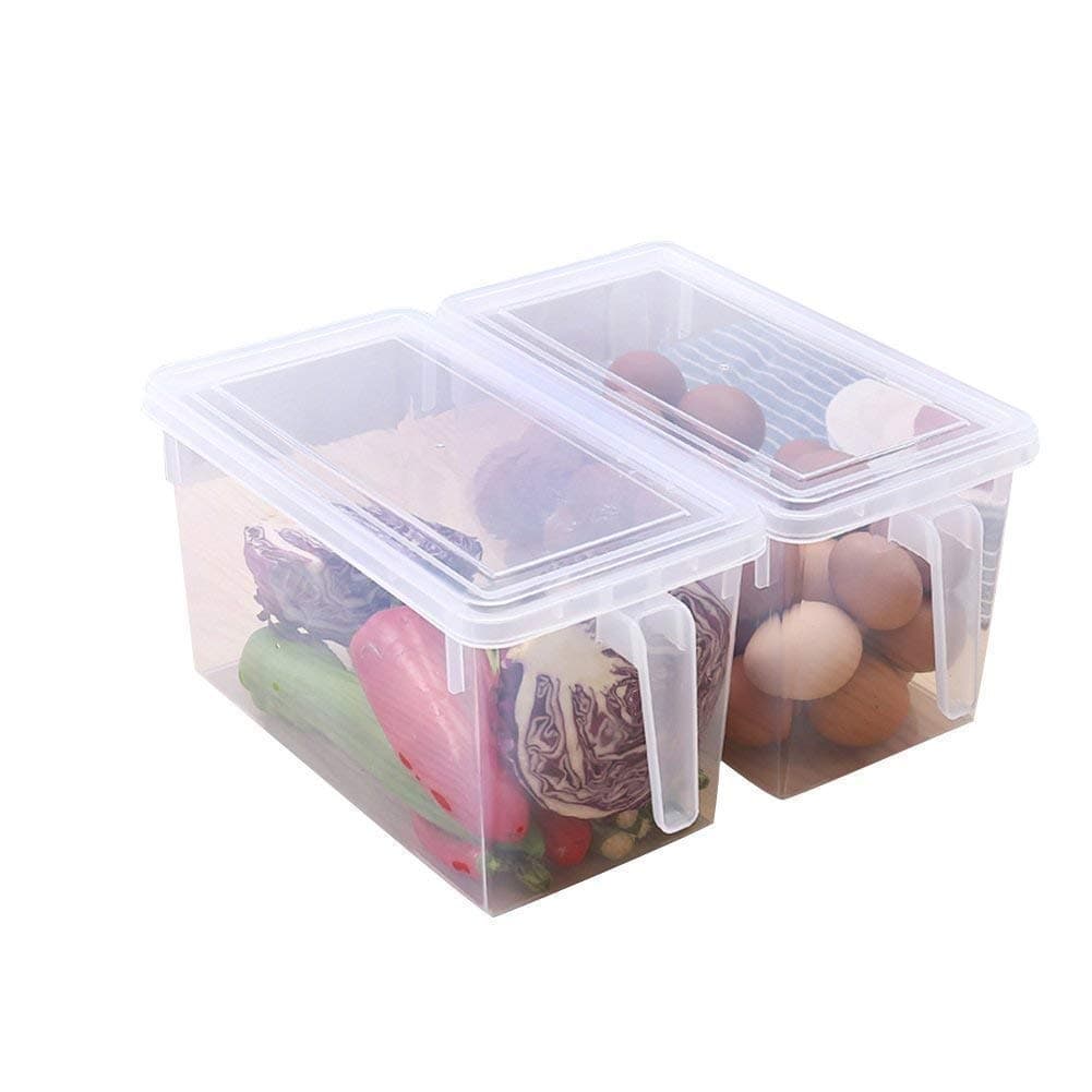 Brezzycloud Food Grade Plastic Fridge Storage Basket | Plastic Storage Containers | Square Handle Food Storage Organizer Boxes with Lids for Refrigerator Cabinet Desk (Set of 2)