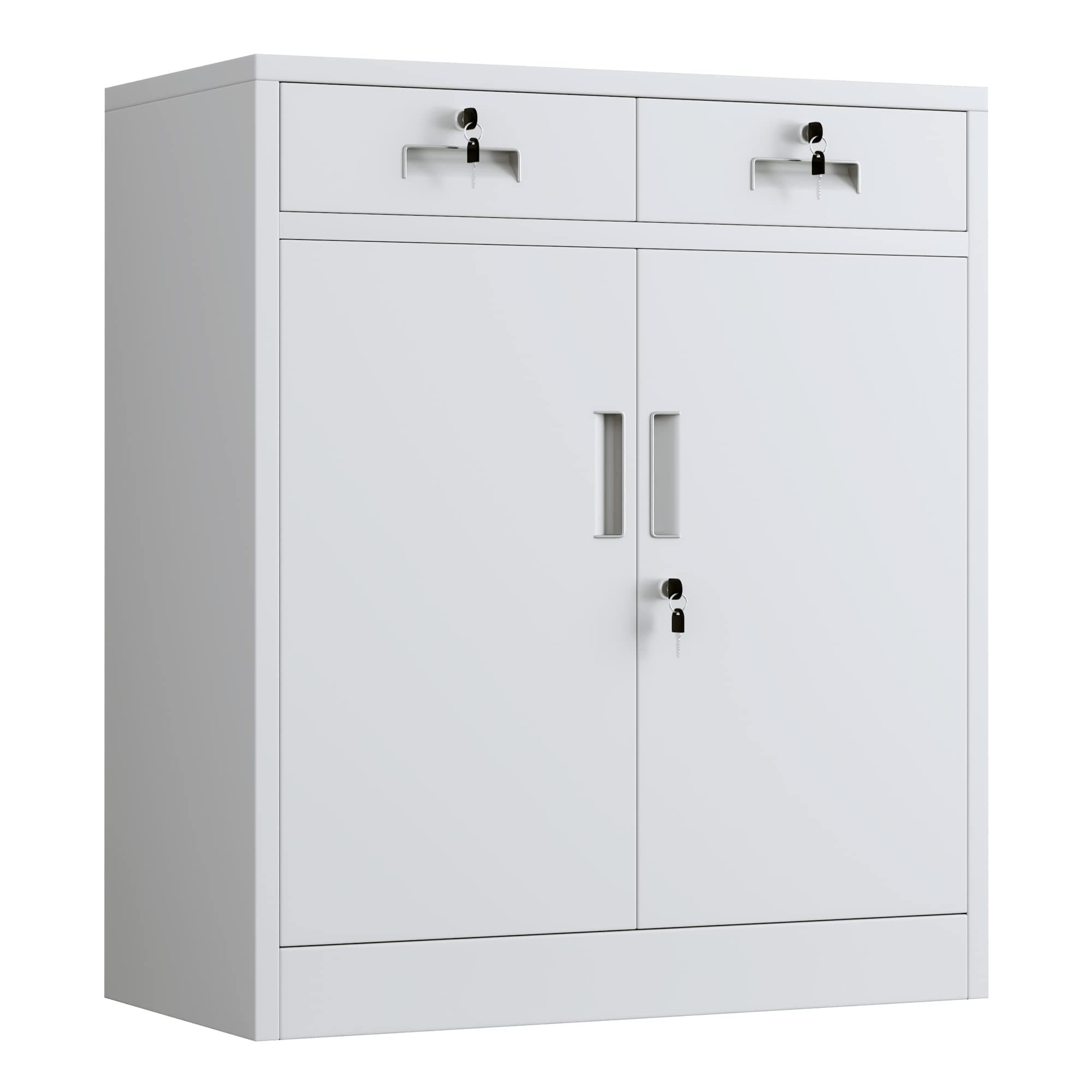 Metal Storage Cabinet with Locking Doors and 2 Drawers, Lockable Storage Cabinets with Adjustable Shelf for Home Office and Garage (White)