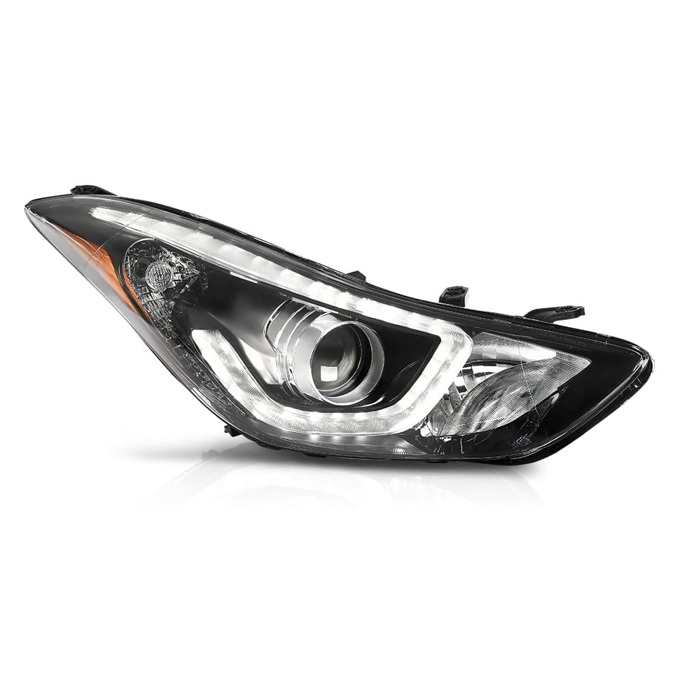 Projector LED DRL Headlight Assembly Compatible with Hyundai Elantra 2014-2016 HY2502186, 92101-3Y510 Clear lens Black Housing Amber Reflector Driver Right Side 1PC