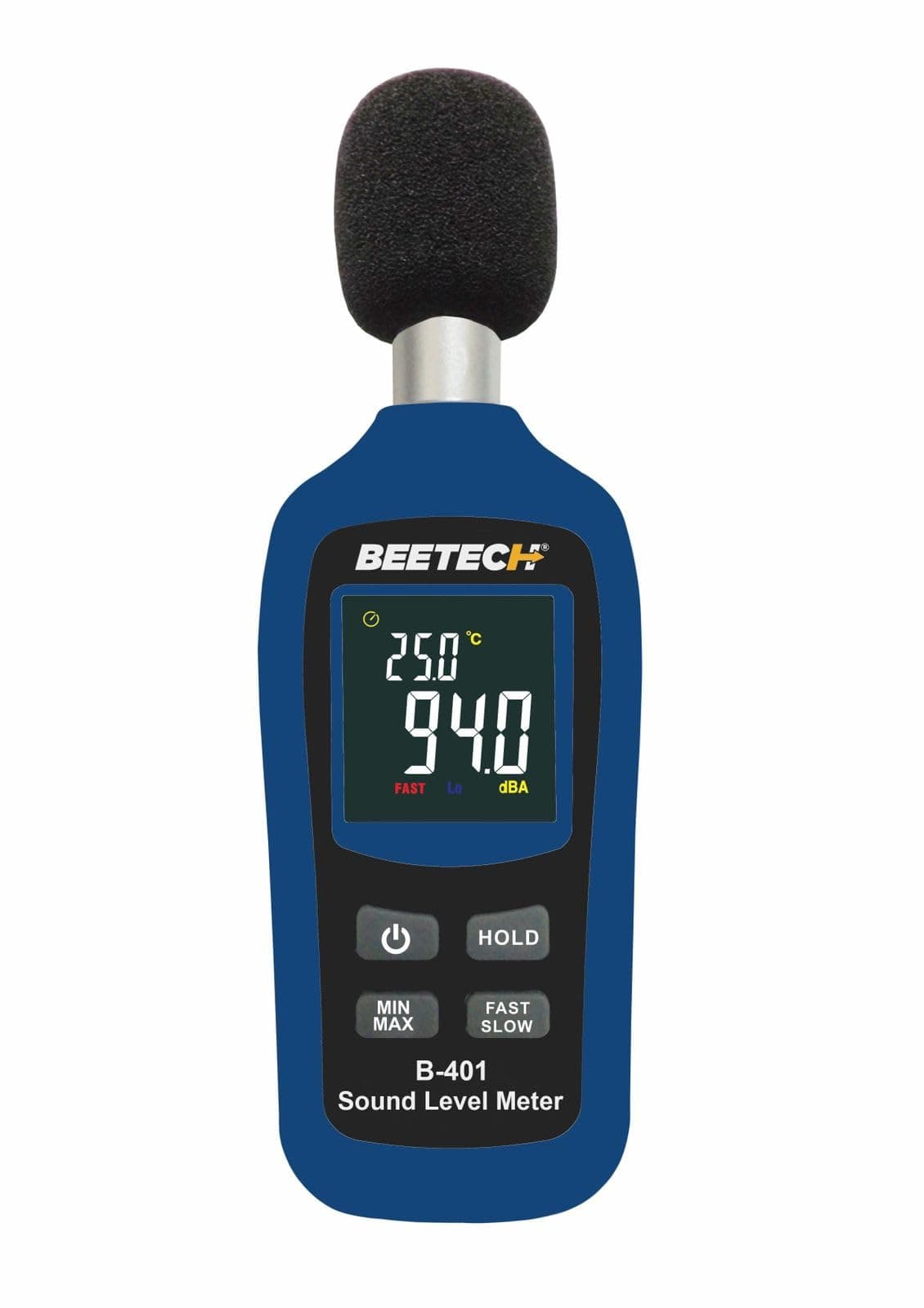 BEETECH Sound Level/Decibel meter B-401 with range 35-135B, measures Ambient Temperature with Color LCD display and backlight, CE and RoHS compliant