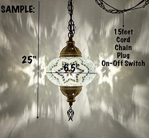 DEMMEX Plug-in Turkish Moroccan Mosaic Hanging Pendant Ceiling Light – Swag Lamp Fixture with 15ft Cord & Chain, Handcrafted Glass, Tiffany Style, Mediterranean Decor (Blue)