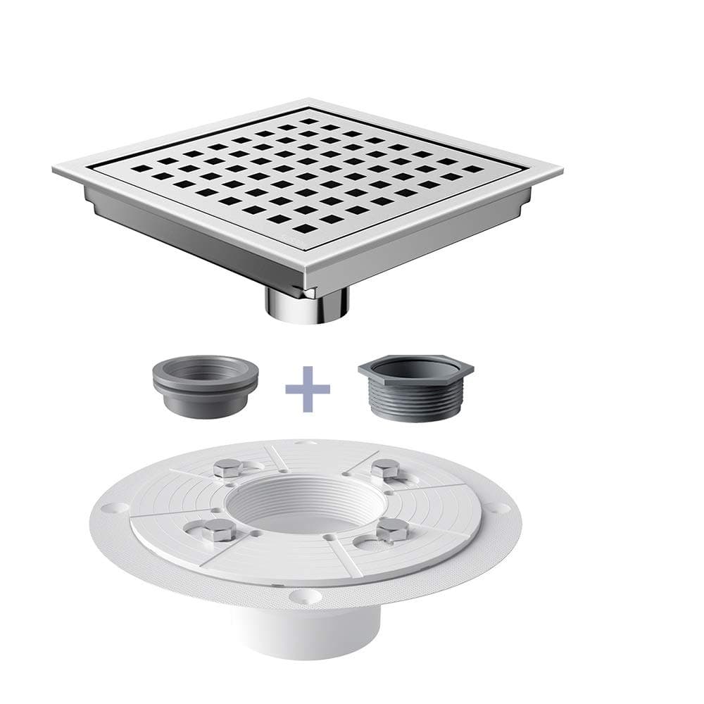 USHOWER 6-Inch Square Shower Drain with Removable Quadrato Pattern Grate, SUS304 Stainless Steel Shower Floor Drain, Includes Flange Base & Hair Strainer, Brushed Nickel