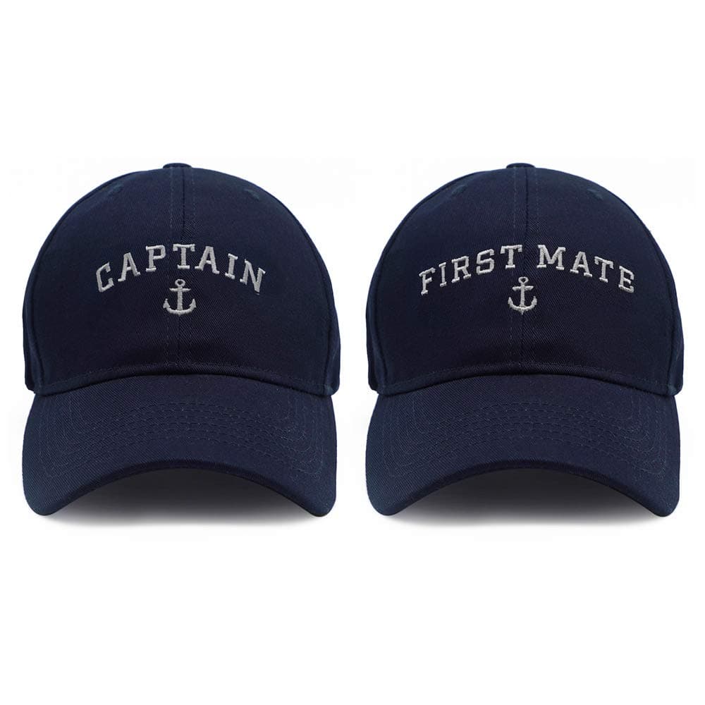 Captain Hat & First Mate | Matching Skipper Boating Baseball Caps | Nautical Marine Sailor Navy Hats