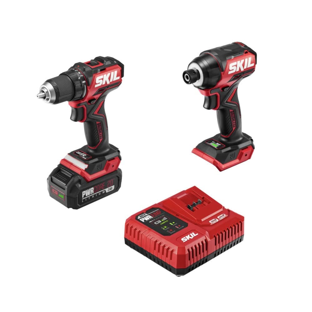 SKIL PWR CORE 20 Brushless 20V Compact Drill Driver and Impact Driver Kit includes 2.0Ah Battery and PWR JUMP Charger - CB8437B-10