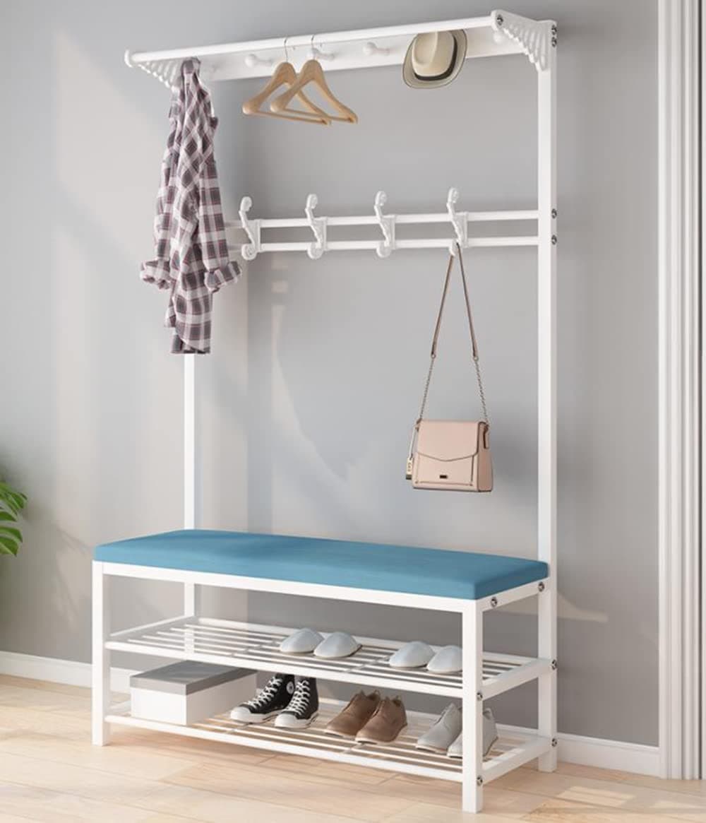 QA Coat Rack Shoe Bench,4 in 1 Multifunctional Coat Tree,Entryway Bench with Storage,Metal Clothes Rack with 10 Hooks,Top Shelf, for Entryway Living Room Bedroom (X-036-White+Blue)