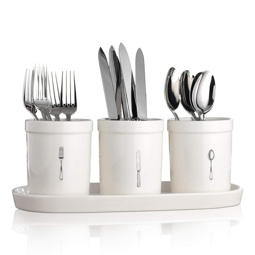 Flatware Organizer Set (Cream Color), 4-pc Ceramic Utensil Crocks on Tray - Printed Mugs on Stoneware Caddy - Home and Party Dinnerware Set