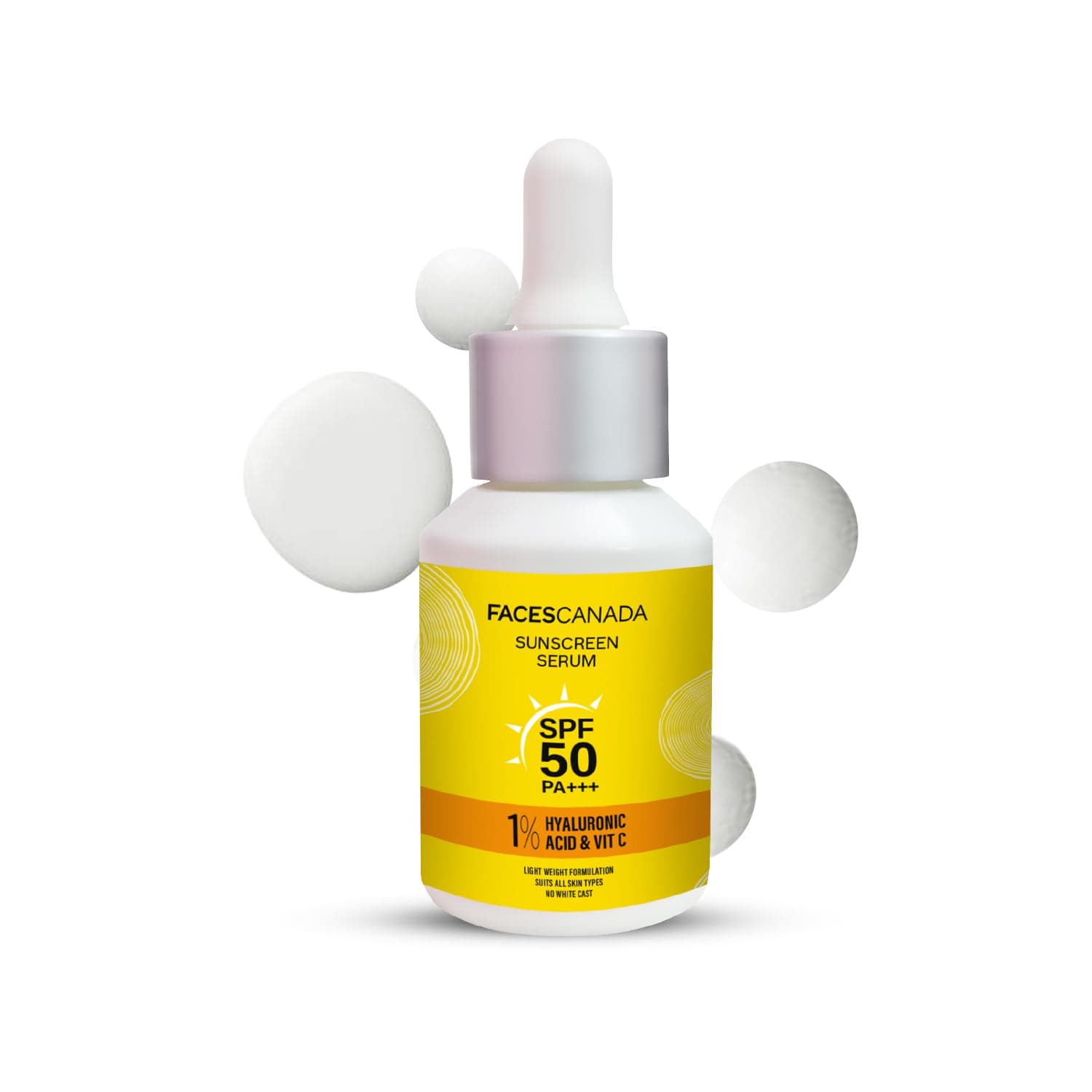 FACES CANADA Sunscreen Serum, 30ml | SPF 50 PA+++ | Protects From UVA & UVB Rays | 1% Hyaluronic Acid & Vitamin C | Lightweight | No White Cast | Natural Radiant Glow| No Alcohol | No Parabens