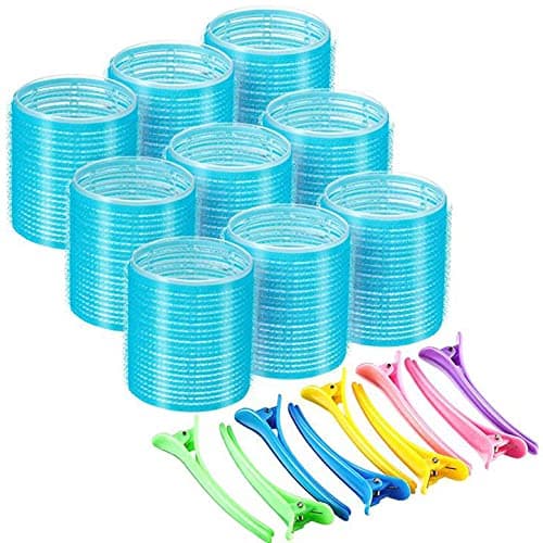 9 Count Jumbo Size Self Holding Rollers and 9 Multicolor Plastic Duck Teeth Bows Hair Clips Hairdressing Curlers for Women, Men (55 mm, 18 Pieces) Blue