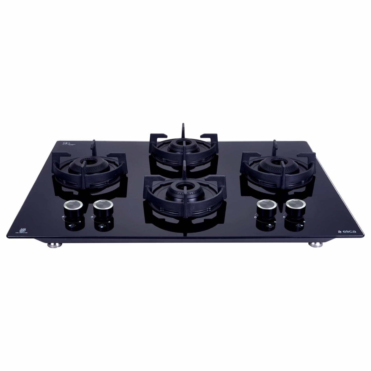 Elica Hob 4 Burner Auto Ignition Hobtop with Pan Support Heat Guard | Italian SABAF Triple Ring Brass Burner | 10 Yrs Warranty on Burner, 5 Yrs on Glass & Valve | Flexi 470 Lotus Ind FLAME Hd Brass