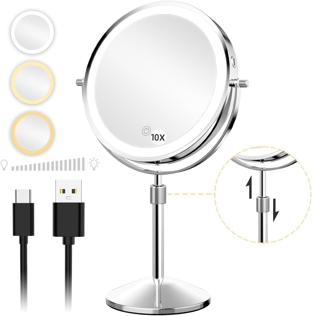Vanity Mirror with Lights 10 Inch | 3 Color Lights | Height-Adjustable | Stepless Dimming | 1X/10X Double Sided HD Mirror | 360° Swivel | Rechargeable Type-C | Silver