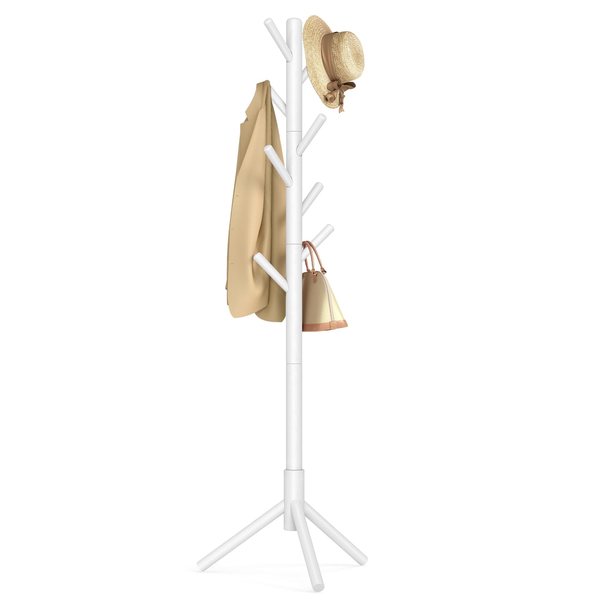 RCR04WT Wooden Coat Rack with 8 Hooks, 3 Adjustable Heights, for Clothes, Hats, Bags, Entryway, Living Room, Bedroom, Office, White